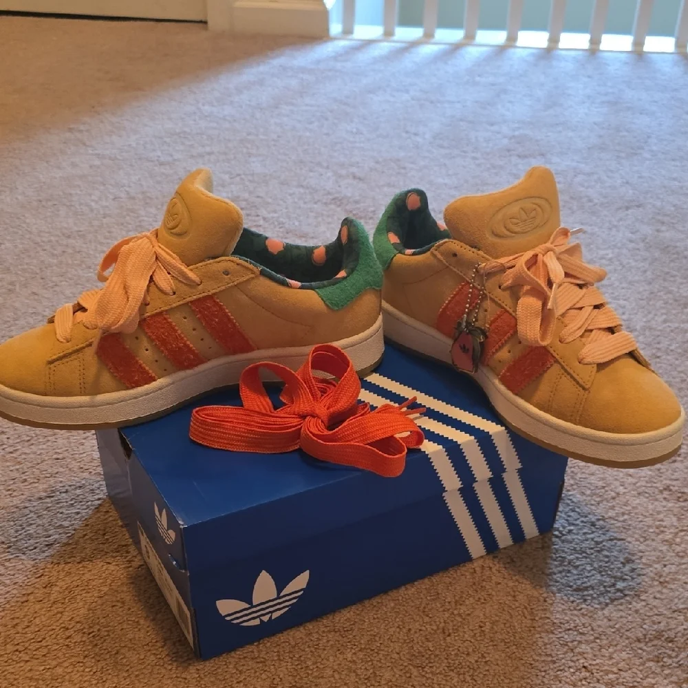 adidas Suede Low-Top Sneakers in Peach with Orange Stripes
